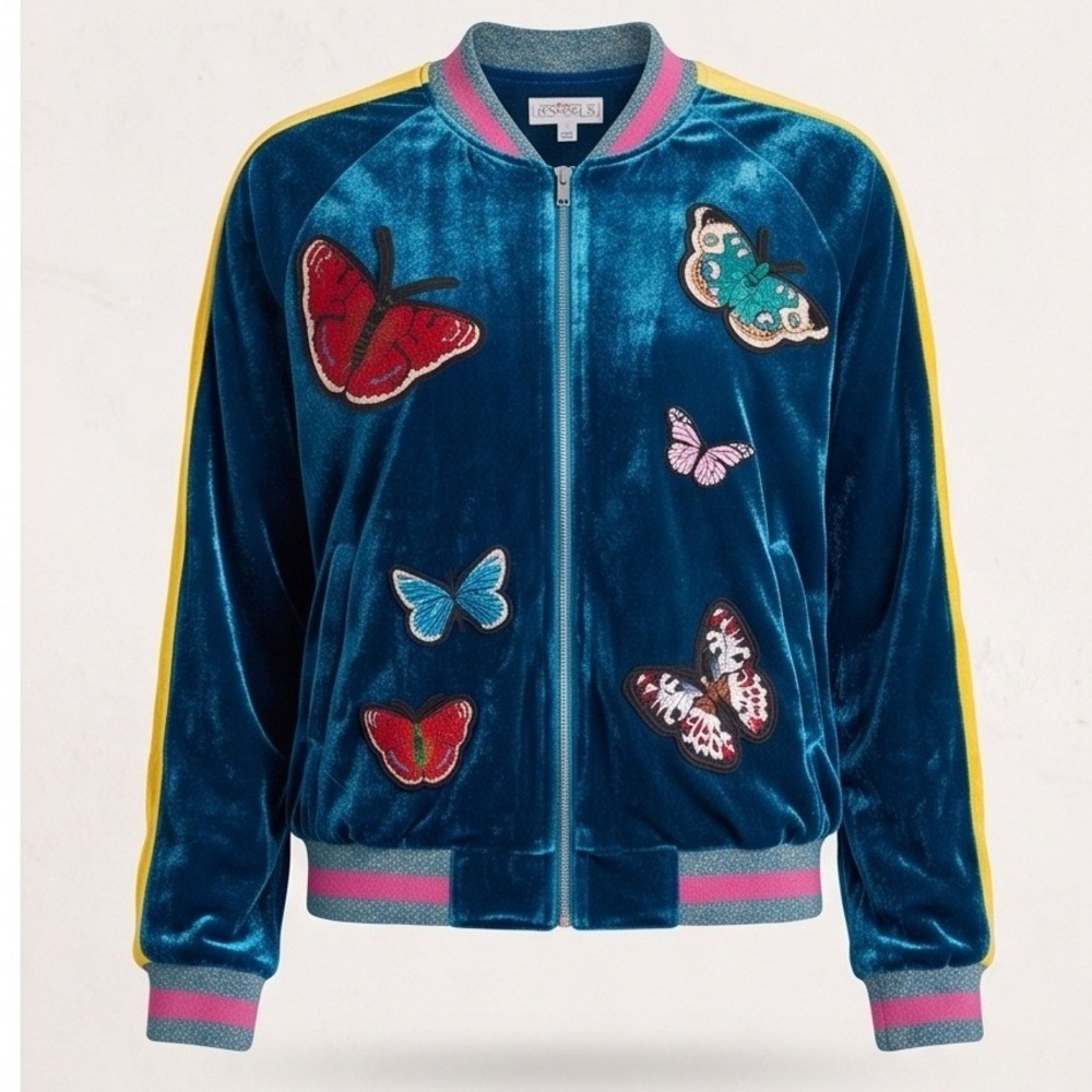 Hesperus L Premium Teal Velvet Butterfly Patch Bomber Jacket GJ7102 Womens Large